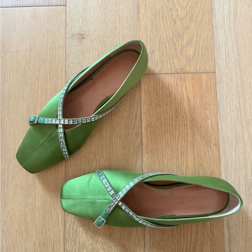 D’accori Green Flats with Rhinestone Strap and Square Toe